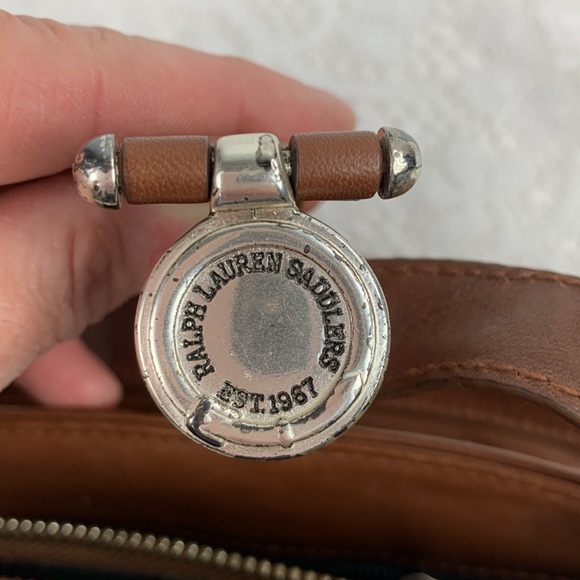 Vintage Ralph Lauren Leather Saddlers Handbag Brown Silver RL Green plaid Lined - Picture 10 of 16